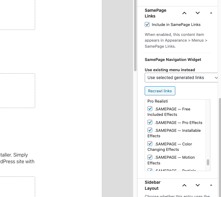 SamePage Navigation Widget settings in Page editor.